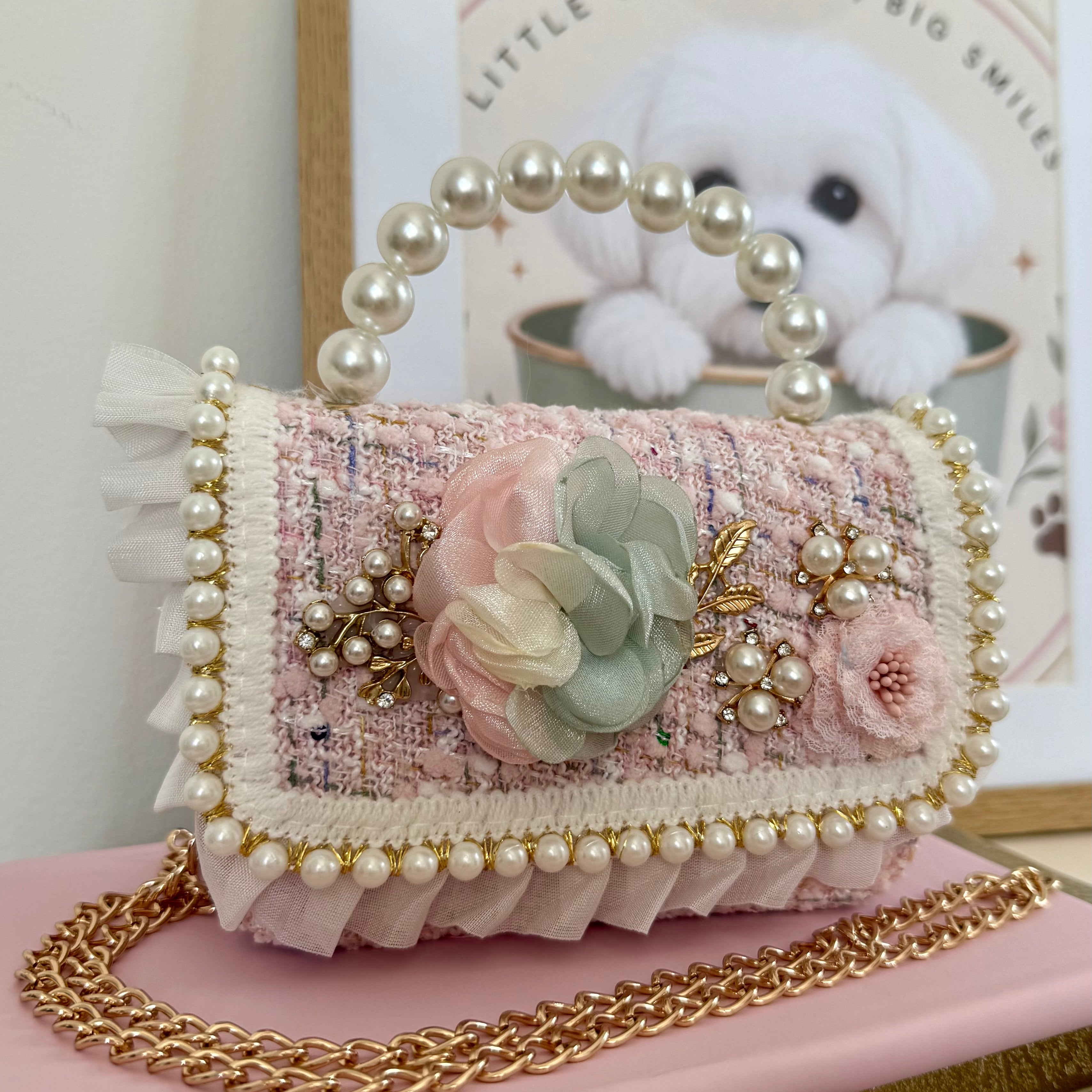 Pearl & Bloom Tweed Mini Handbag - Blush Pink